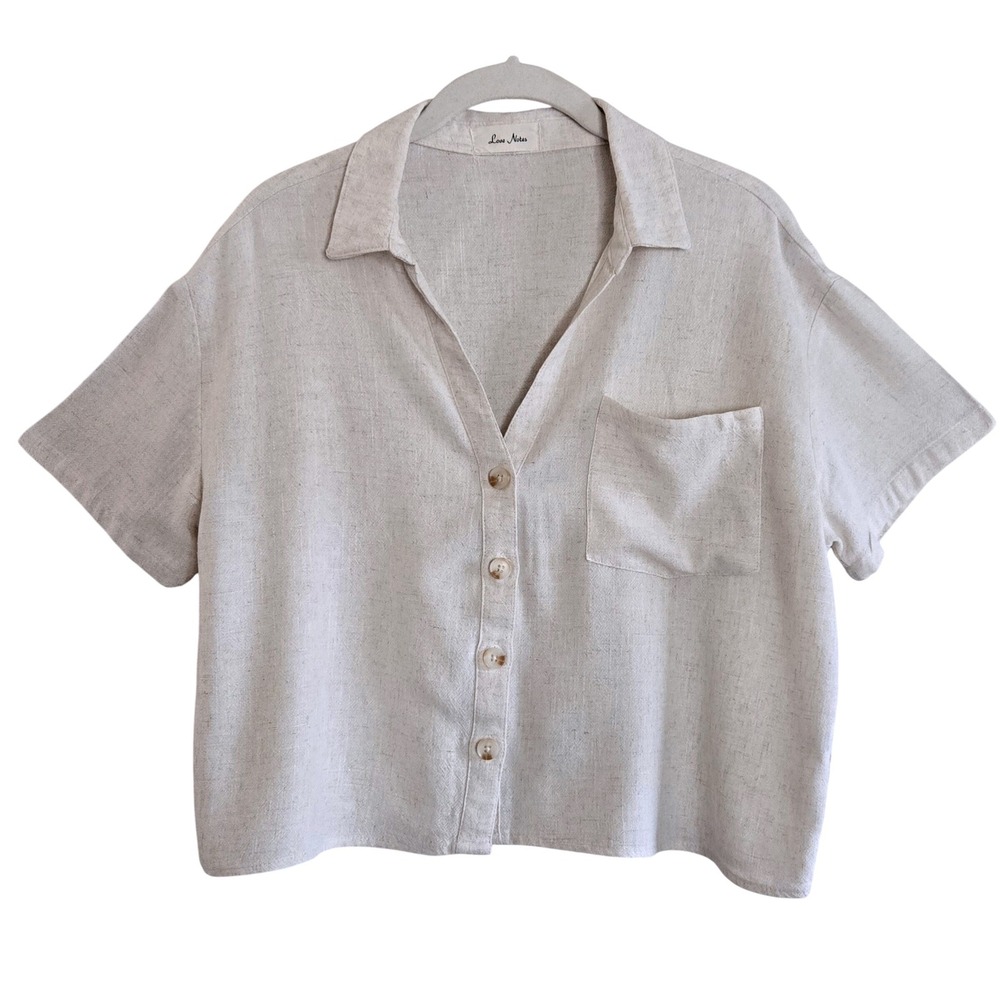 Love Notes, Women's Linen Blend, Short Sleeve, Button Down‎ Shirt, Oatmeal, Sz L